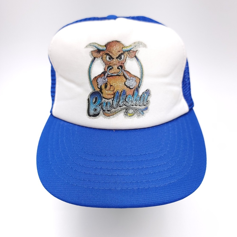 Vintage Bull Sh!t Logo Trucker Snapback Hat Cap Blue White Beach‎ River Lake Sun